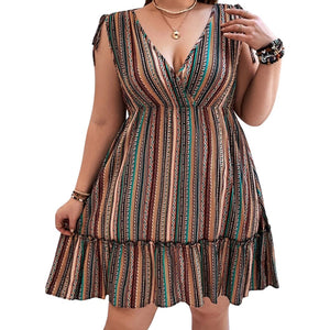 plus size sleeveless ruffle hem multiprint vneck dress summer spring