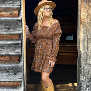 brown floral off shoulder long sleeve smocked ruffle dress