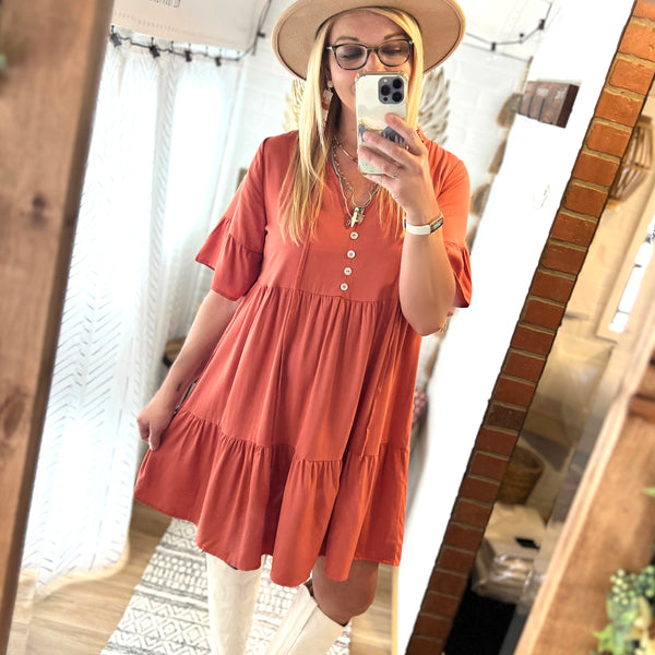 rust color ruffle swing dress loose fit comfy button detail on front