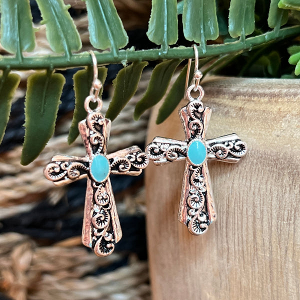 Silver + Turquoise Cross Earrings