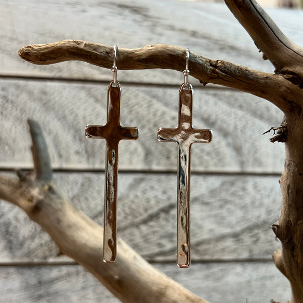 hammered silver metal cross earrings