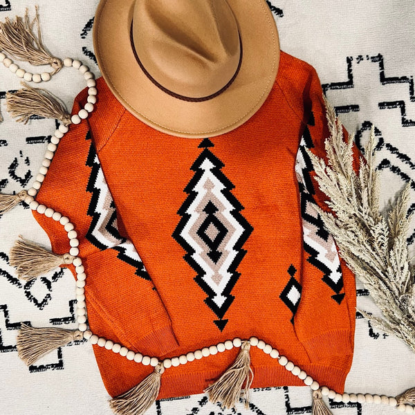 orange aztec print sweater